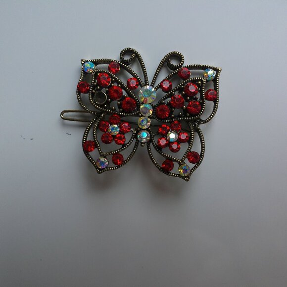 Butterfly Hair Clip, Gold color, Red rhinestone, shiny crystals - Picture 4 of 6